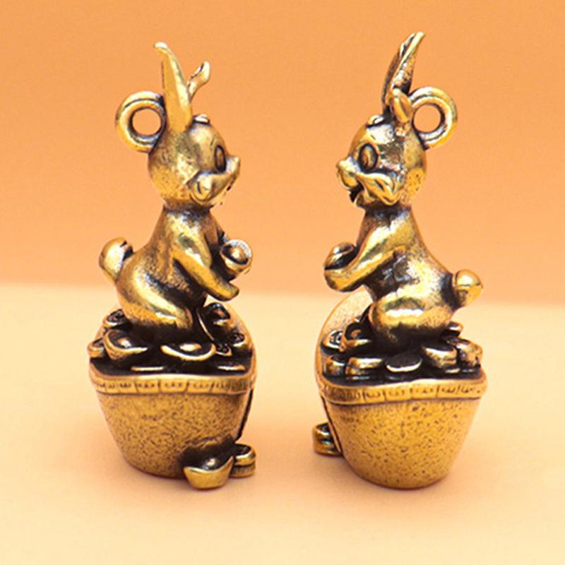 

Chinese Year Brass Zodiac Rabbit Figurines Desktop Small Ornament Lucky Rabbit Key Chain Pendant Figurine Decorations Crafts Accessories