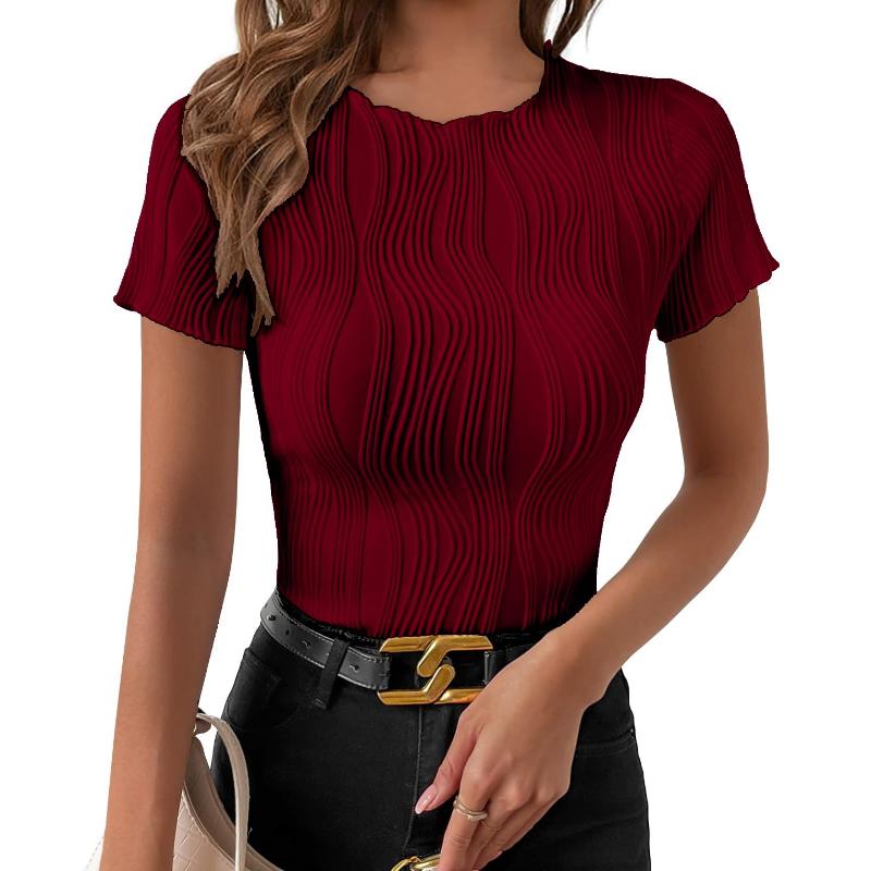 

Летняя женская однотонная узкая короткая футболка с круглым вырезом и коротким рукавом, облегающий дышащий топ, повседневная модная легкая удобная футболка-пуловер для работы 2XL бордовый