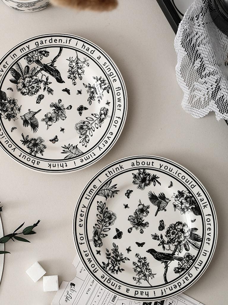 Schwarzweißes MusterKeramik Geschirr- und Teller-Sets Koreanisch Schlicht Retro Nachmittagstee Tasse mit Tablett Besonderes Geschirr