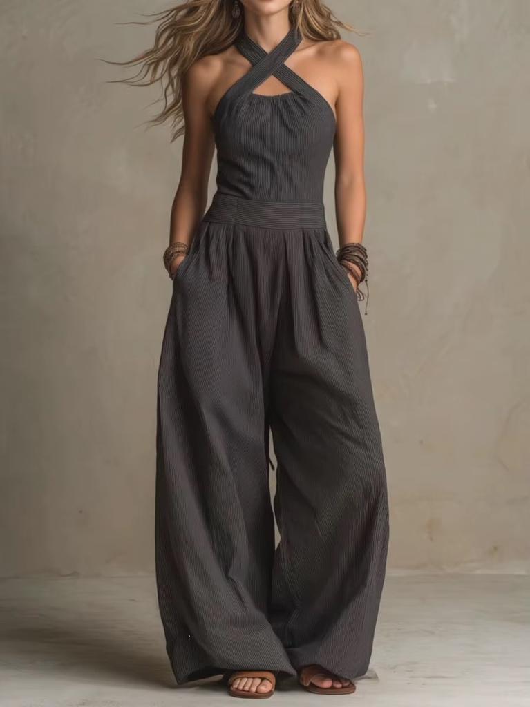 2026 European and American cross-border independent station Amazon's new sleeveless lazy wind pendant feeling neck women's wide-leg jumpsuit