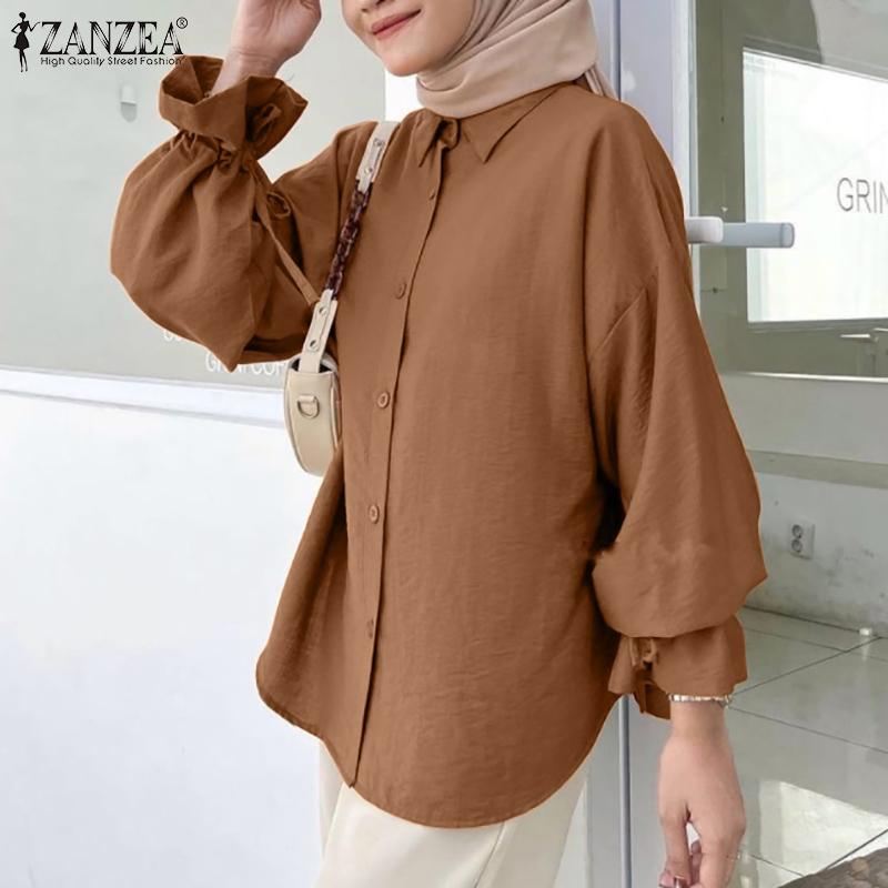

ZANZEA Женская повседневная свободная блузка с отложным воротником и длинными рукавами M коричневый
