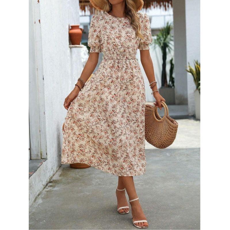 Sweet Summer New Arrival European Fashion Round Neck Small Floral Elastic Waist Tight Waist Puff Short Sleeve Mid Length Long Length Dress