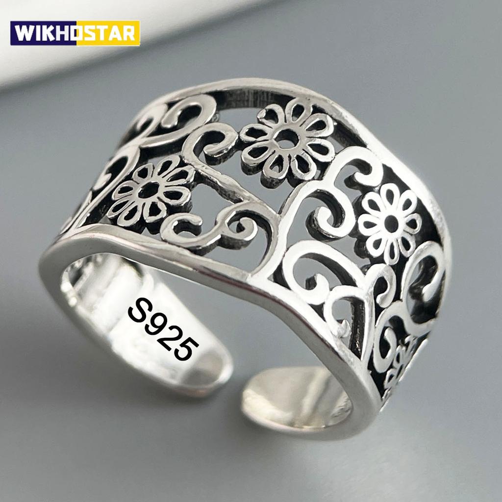 925 Sterling Silver Rings for Women Couple Minimalist Handmade Simple Hollow Flower Ring Fine Jewelry Gift Prevent Allergy