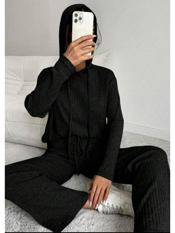 Set nou pentru femei, casual, cu pulover tricotat cu glugă cu dungi și pantaloni largi cu mâneci lungi pentru primăvară/toamnă