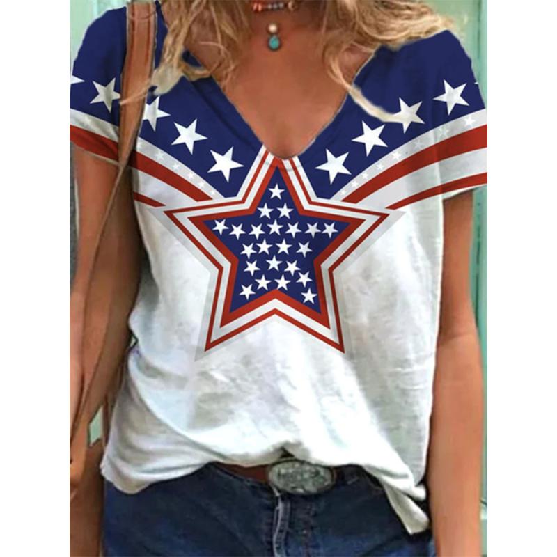 2022 Женские футболки с принтом американского флага и V-образным вырезом Одежда Женские — фото 3