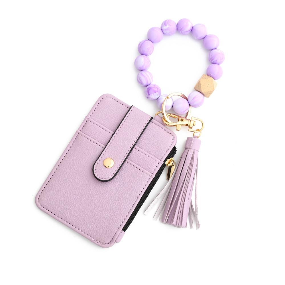 1pc Silicone Bead PU Leather Keychain Wristlet with Bracelet Foldable ID Credit Card Holder Keychain Wallet for Women Girls Gift