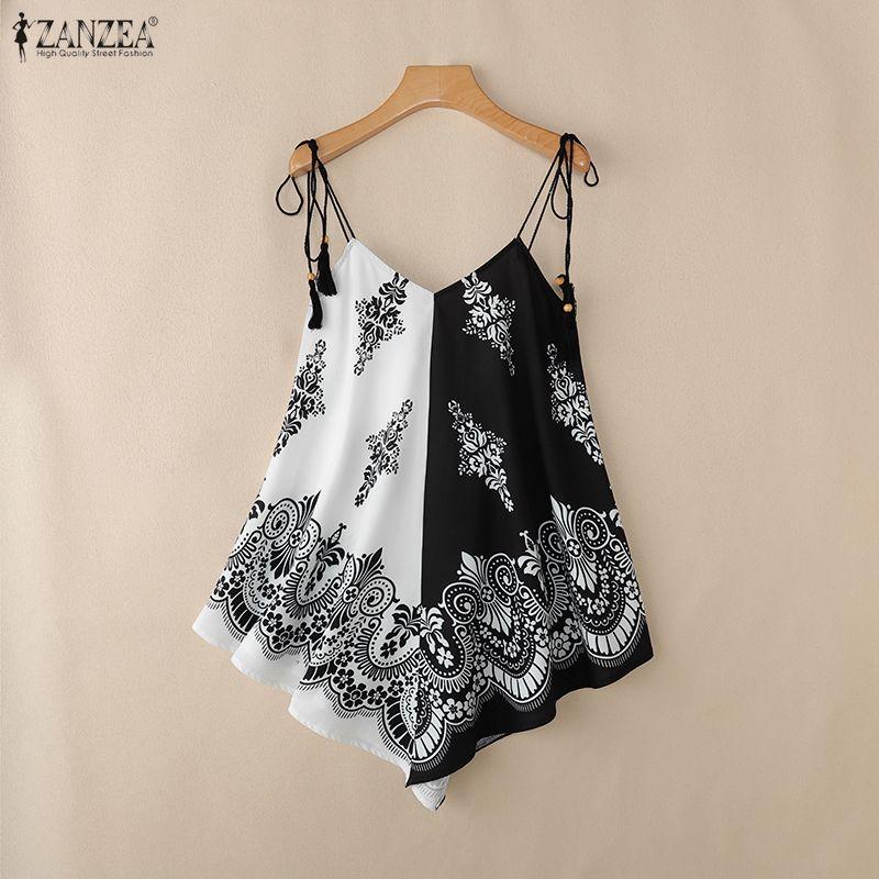 ZANZEA Damen Boho Print Lässige Ärmellose V-Ausschnitt Slip Camisoles