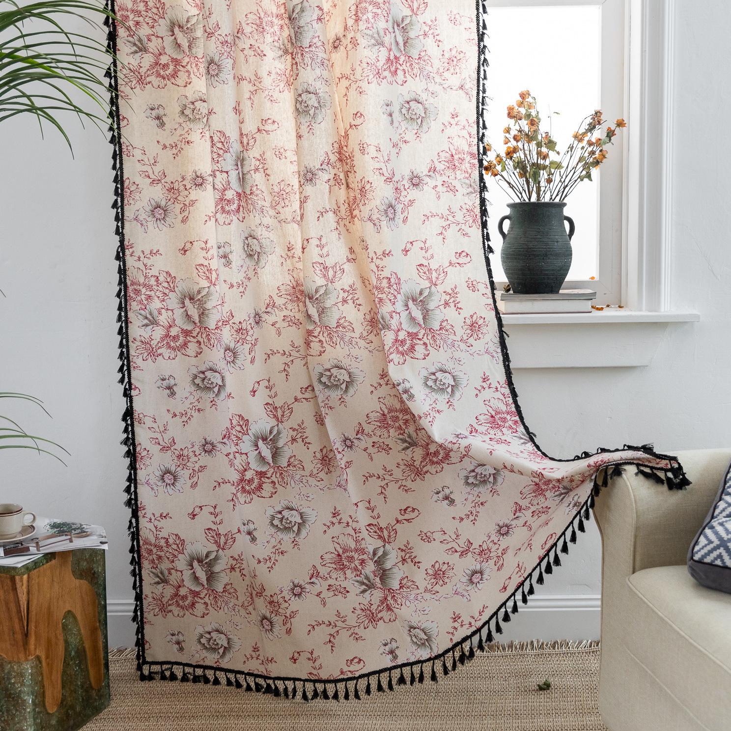 

Готовая штора черная с бахромой, хлопково-льняное кружево, красная набивная роза, штора для маленького окна, кухонная штора Height 90cm * Width 60cm