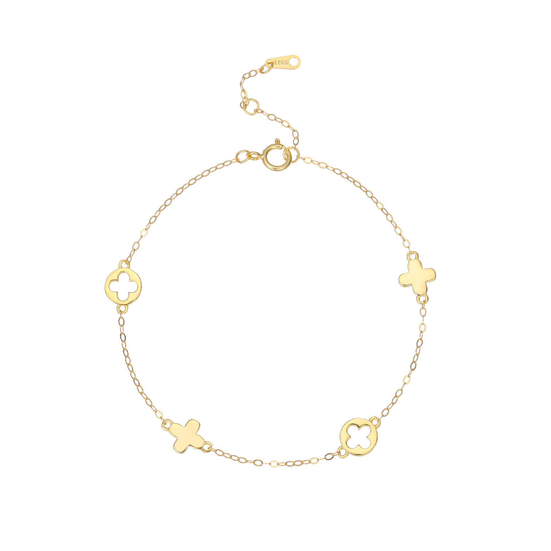 S925 Sterling Silver 18K Gold Plated Openwork Four-Leaf Flower Bracelet - Simple Floral Jewelry for Women S925 Silver