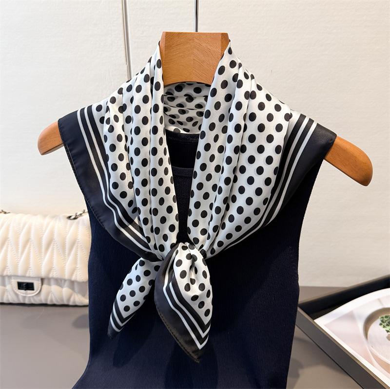 Retro French Polka Dot Spring/ Lightweight Faux Silk Printed Small Scarf Shawl Neckerchief with a High-end Feel for Women