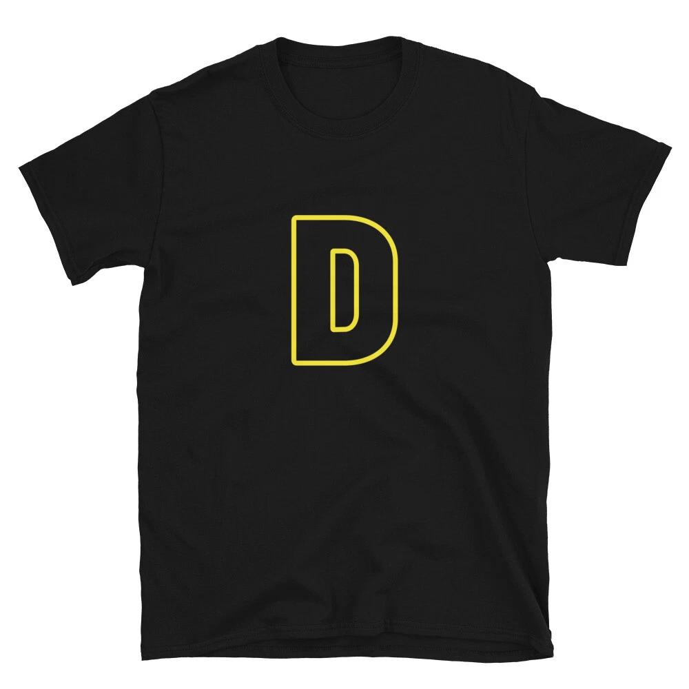 Letter D Yellow Bold Font Simple Black T-Shirt S