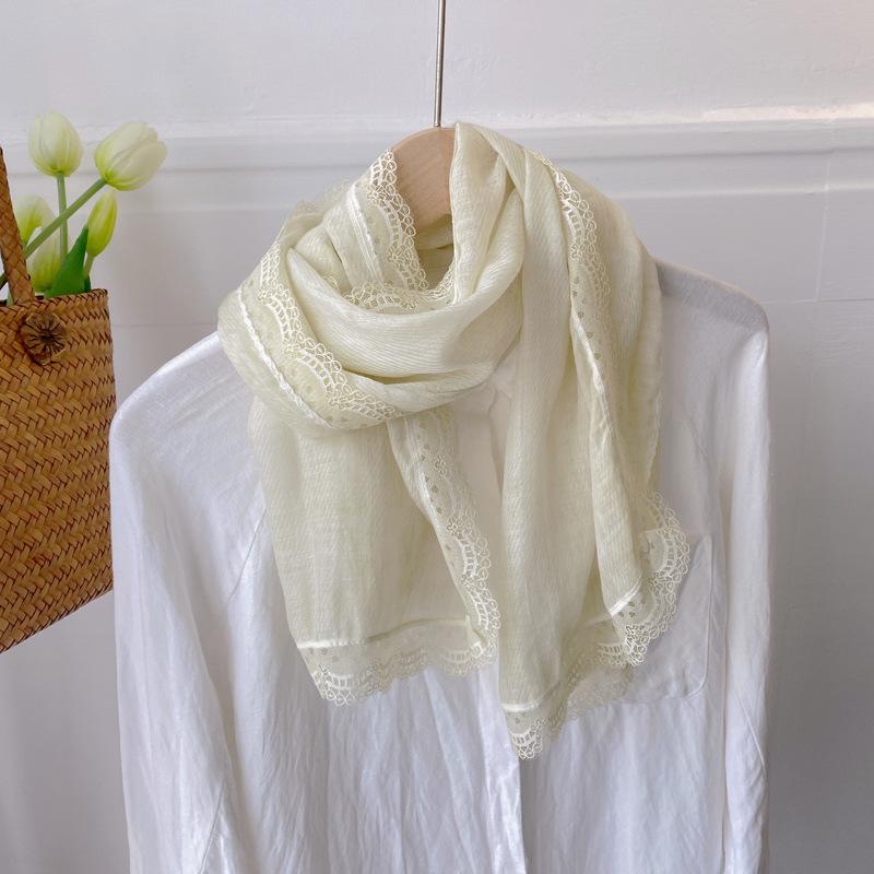 Retro Tie-dye Lace Edge Cotton and Linen Scarf Women's Spring Autumn Versatile Summer Thin Sunscreen Small Shawl with Short Yarn