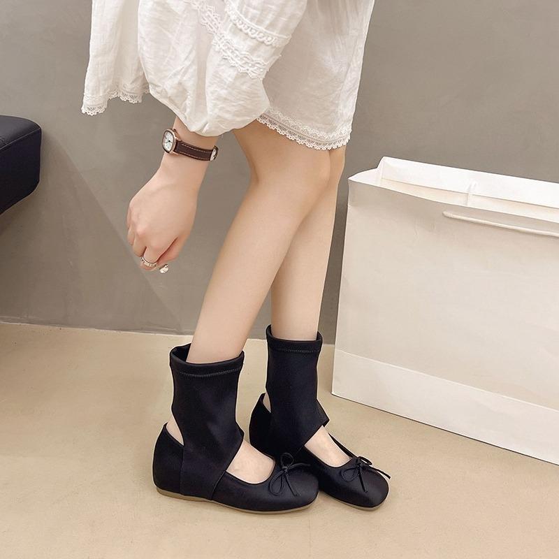 Spring and Summer New Retro Round Toe Bow Ballet Boots Women's Cutout Middle Cylinder Flat Short Cylinder Cold Boots