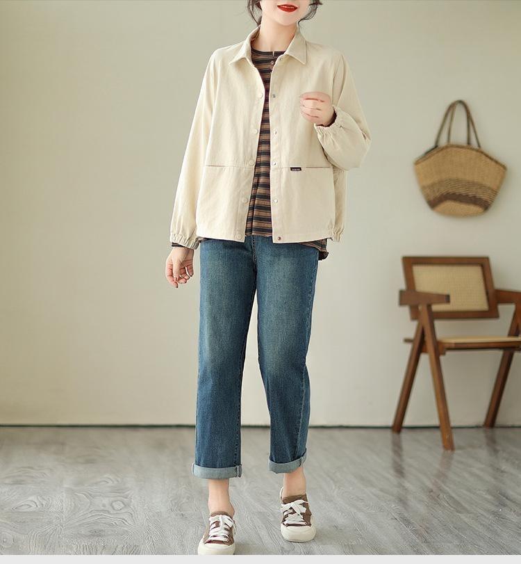 Baumwolljacke für Damen im koreanischen Stil, vielseitig, locker, schlankmachend, lange Ärmel, einfarbig, Umlegekragen