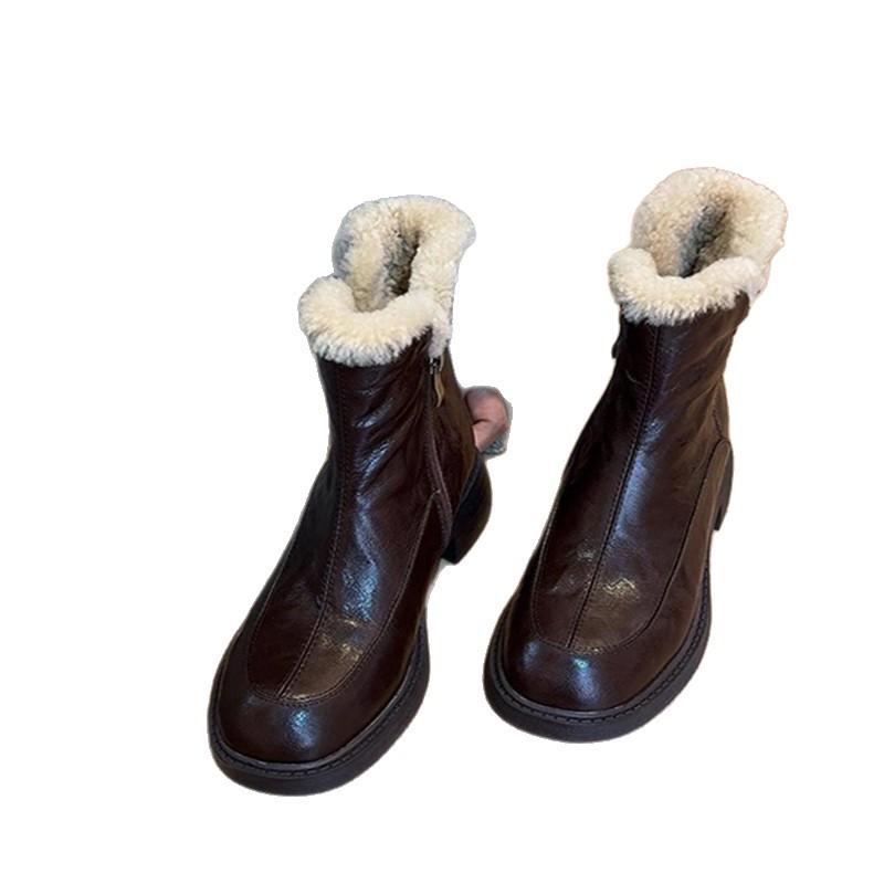 Leather Coarse Heel Snow Boots Women's 2025 New Winter Martin Boots Northeast Boots Thick Velvet Cotton Shoes High Heel Short Boots