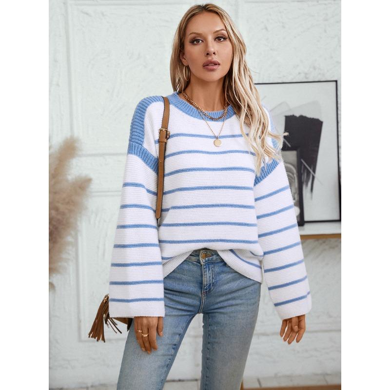 Women's Knitwear Fall/winter Loose Pullover Crewneck Striped Color-block Knit Sweater