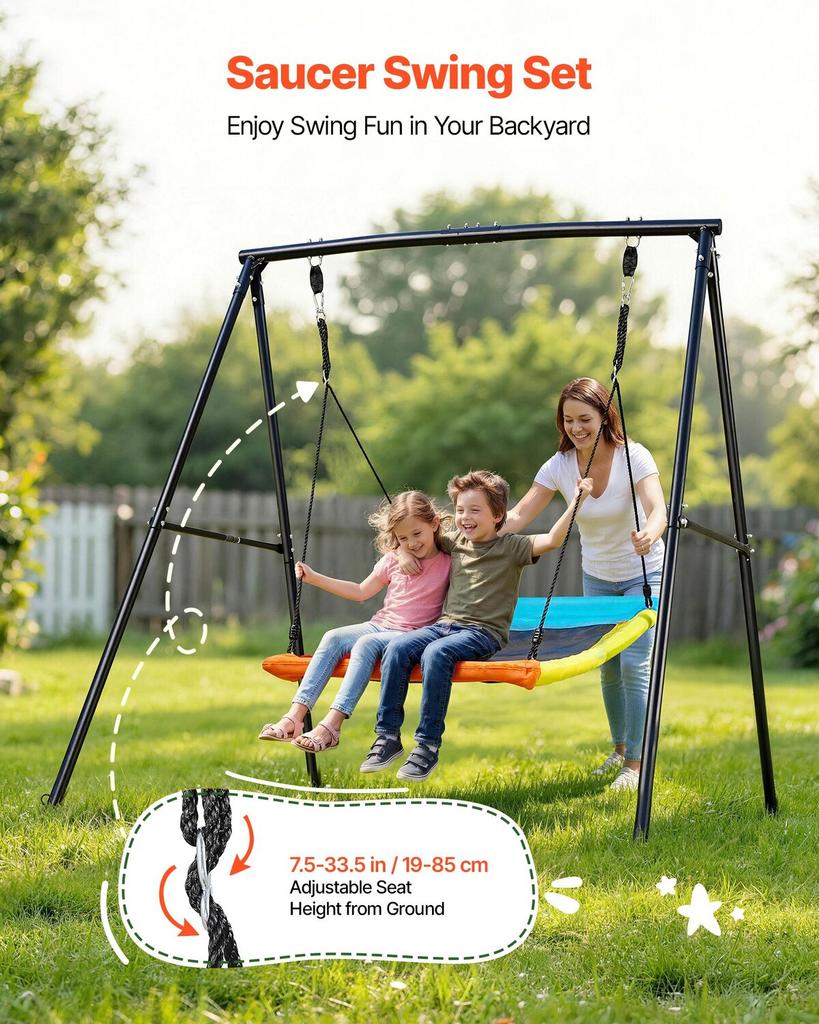 Swing Set for Backyard, 150 X 81 Cm Swing Seat with Heavy Duty A-Frame Metal Stand, 199.6 Kg Load Capacity, Reinforced with Spiral Ground Anchors,