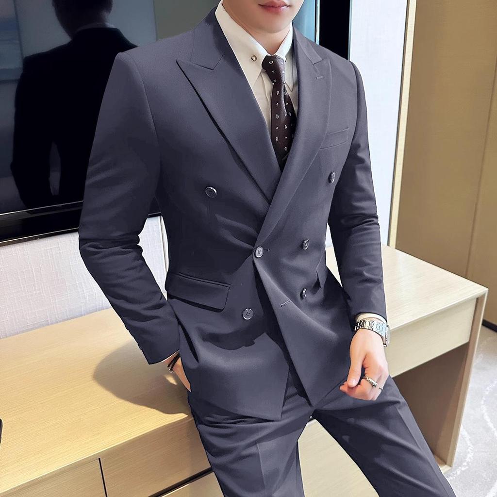 Men's Slim Fit Double-Breasted Suit - British Style Business & Wedding Attire