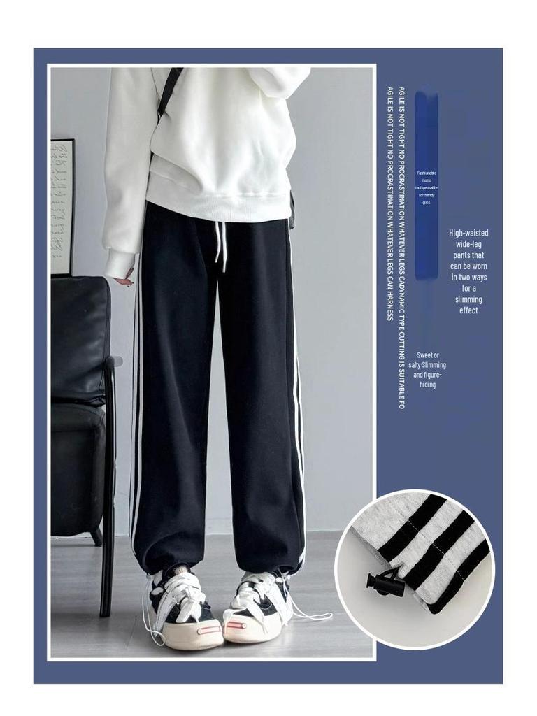 Women's High-Waist Gray & White Striped Jogger Sweatpants - Small, Casual & Loose Fit, Ideal for Autumn/Winter.