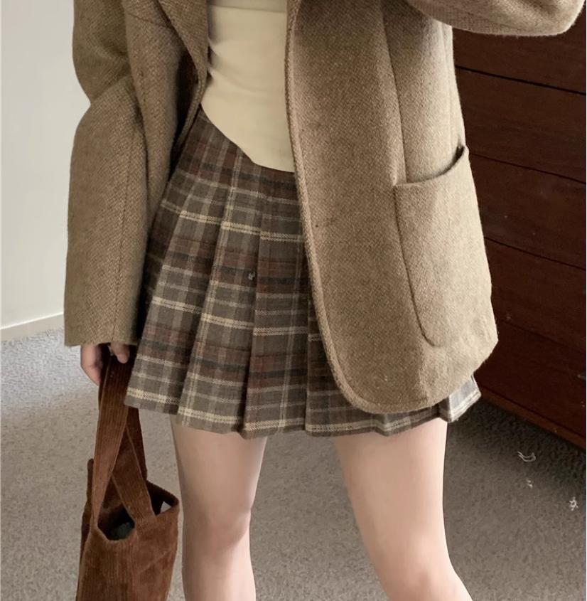 Retro Wool Blend Plaid Midi Skirt: Autumn/Winter, Plus Size, Pleated A-Line, Tummy Control, Anti-Exposure Mini Skirt