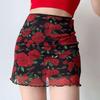 American Spicy Girl Rose Print Mesh High-Waisted Bodycon Mini Skirt for Women