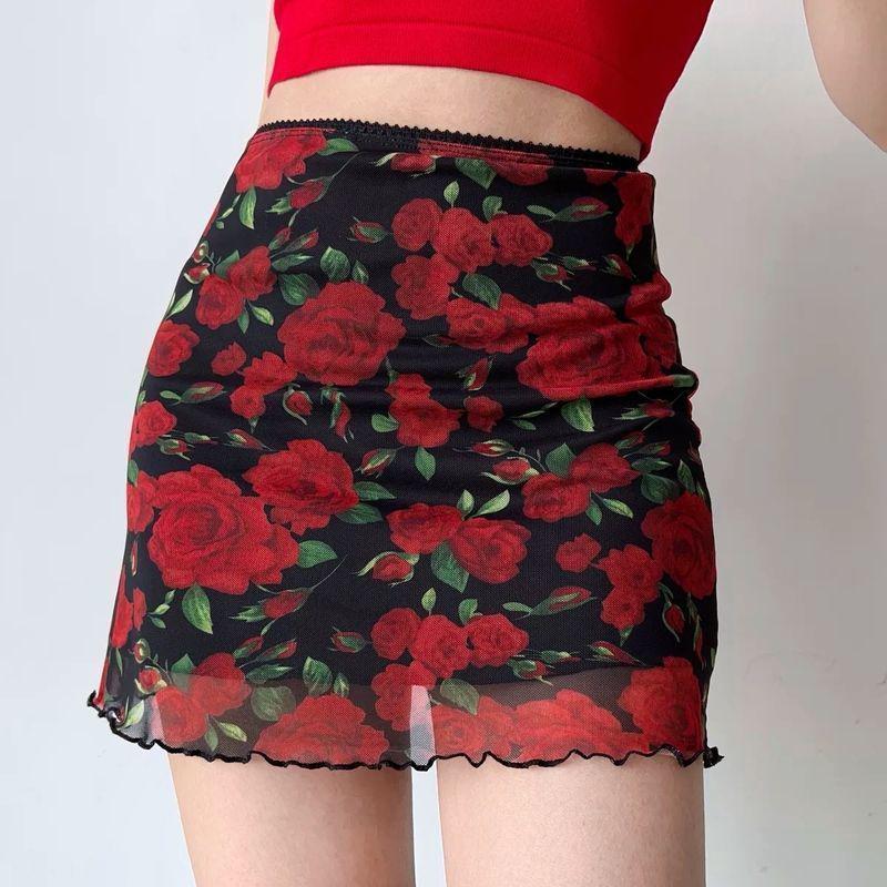 American Spicy Girl Rose Print Mesh High-Waisted Bodycon Mini Skirt for Women