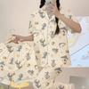 Spring And Summer Senior Pajamas Women'S Cardigan Cute Cartoon Short-Sleeved Three-Piece Loungewear Set Can Be Worn Outside