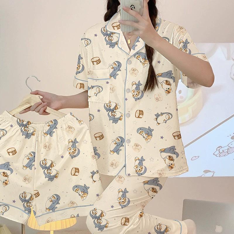 Spring And Summer Senior Pajamas Women'S Cardigan Cute Cartoon Short-Sleeved Three-Piece Loungewear Set Can Be Worn Outside