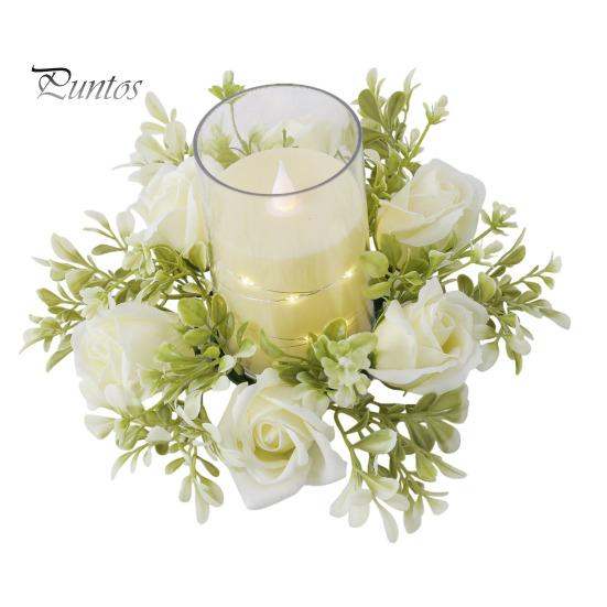 Delicate Candle Topper Artificial Rose Ring Pillar Candles Greenery Flower Wreath Plastic Garland Seasonal for Wedding Centerpiece Holiday Decor