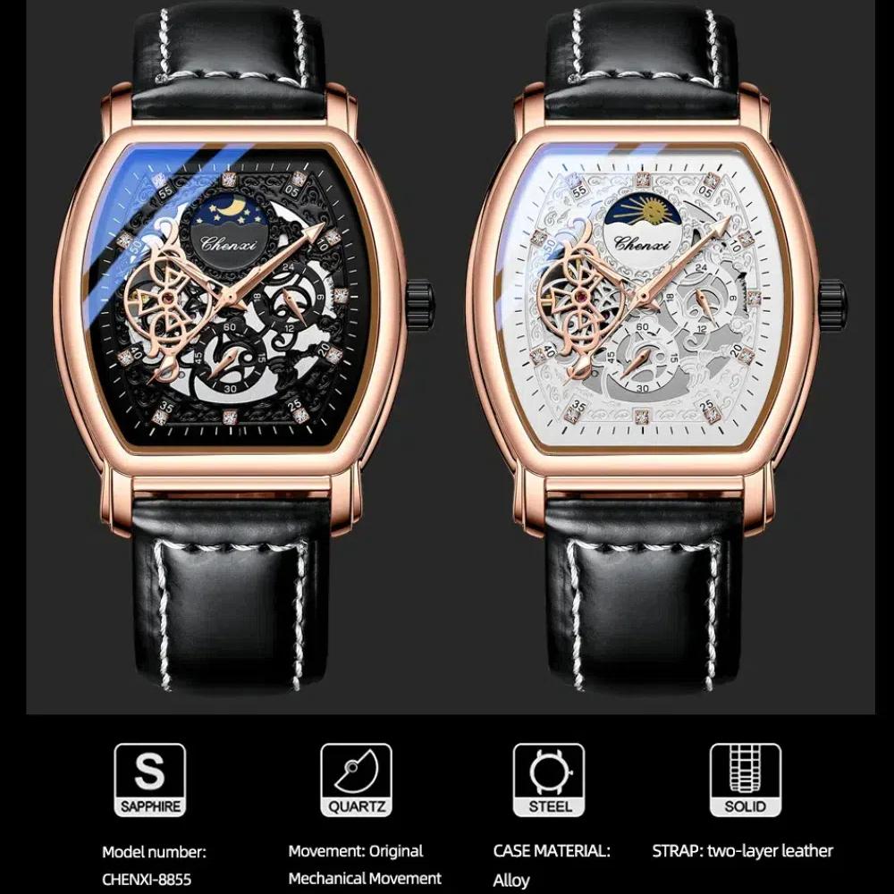 Chenxi Retro Hollow Skeleton Mens Automatic Mechanical Watch Waterproof Moon Phase Tourbillon Watches Luxury Tonneau Business Wristwatch