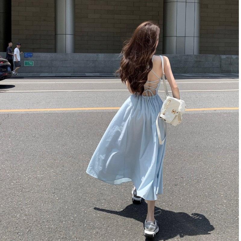 Seaside beach vacation dopamine suspender dress women's summer one-word shoulder waist halter skirt strap a-word skirt