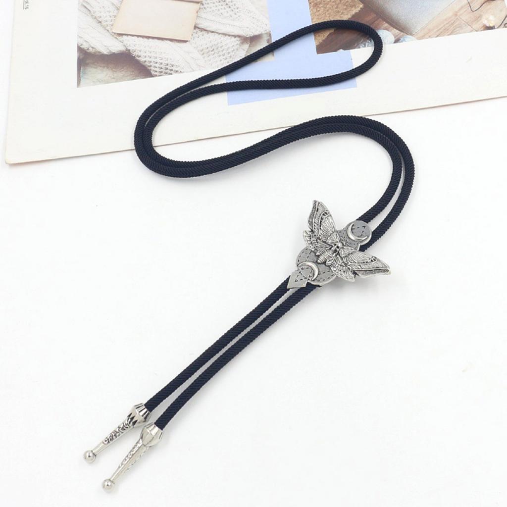 Stylish Western Braided Rope Bolo Tie with Death Skull Moth Motif for Music Festival Punk Adjustable Necktie Necklace