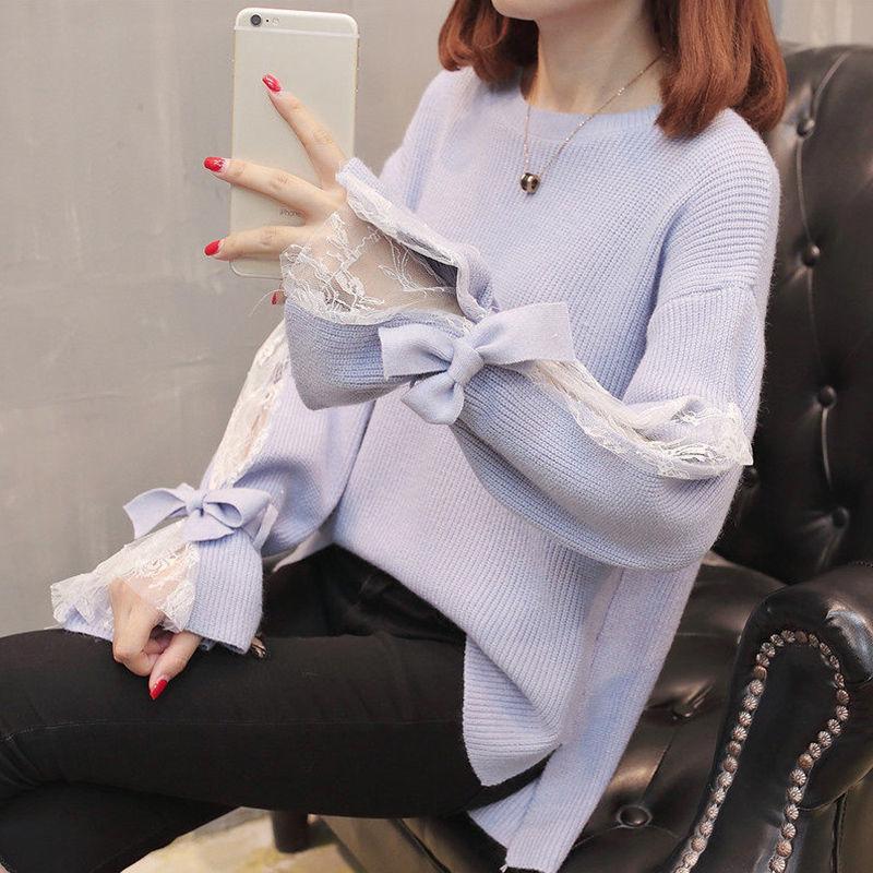 Long Sleeved Lace Patchwork Round Neck Sweater for Women Loose Fitting Solid Color Knit Sweater Top for Autumn and Winter