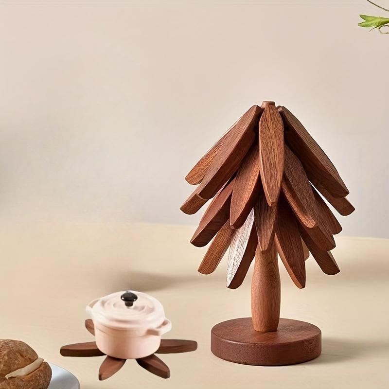 Wooden Tree-Shaped Trivet Set with 3 Detachable Coasters and Base,Creative Non-Slip Heat-Resistant Pads for Kitchen Accessories,Teapot