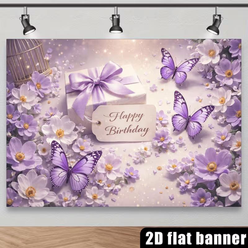 2D Elegant Purple Flower Butterfly Themed Birthday Decor Banner
