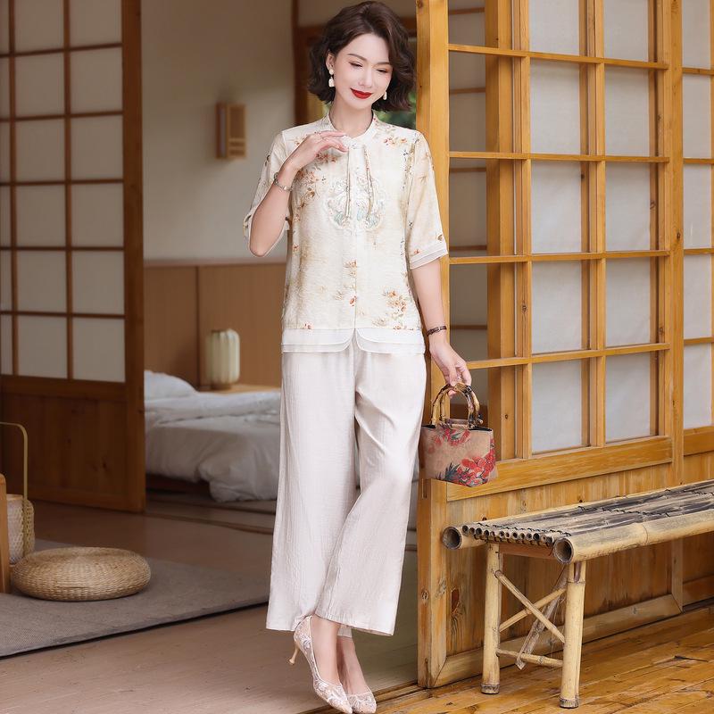 

Qiaoya Ying 2024 Летняя блузка в китайском стиле для женщин среднего и пожилого возраста - Модная национальная футболка ко Дню матери 3XL хаки