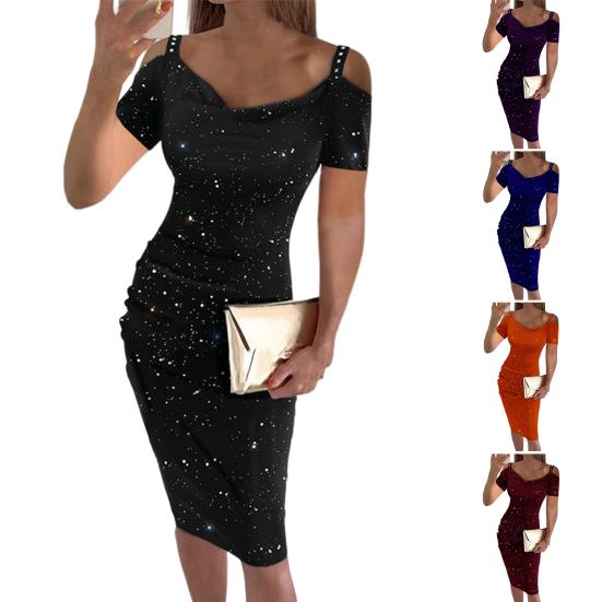 Dámské párty šaty Lesklé V výstřih Odhalená ramena Krátké rukávy Slim střih Společenské šaty Délka ke kolenům Měkké Jarní Plesové šaty Dámský oděv