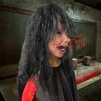 Halloween-Zombie-Kopfbedeckung, gruselige schwarze Haare, weiße Augen, realistisch, wiederverwendbar, Spukhaus-Kostüm, Party, Cosplay, Latex-Kopfbedeckung, Partyzubehör