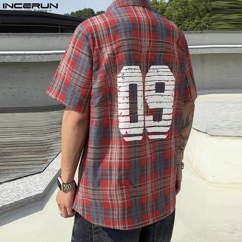 INCERUN Oversized Men Lapel Neck Short Sleeve Plaid Print Shirts Tops