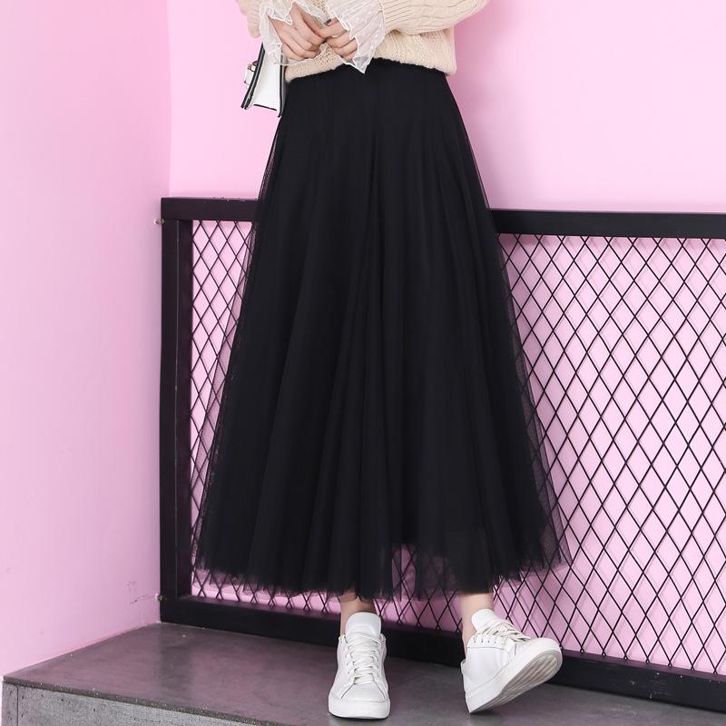 2025 High-Waist A-Line Mesh Skirt: Three-Layer Pleated Fairy Skirt for Spring & Autumn