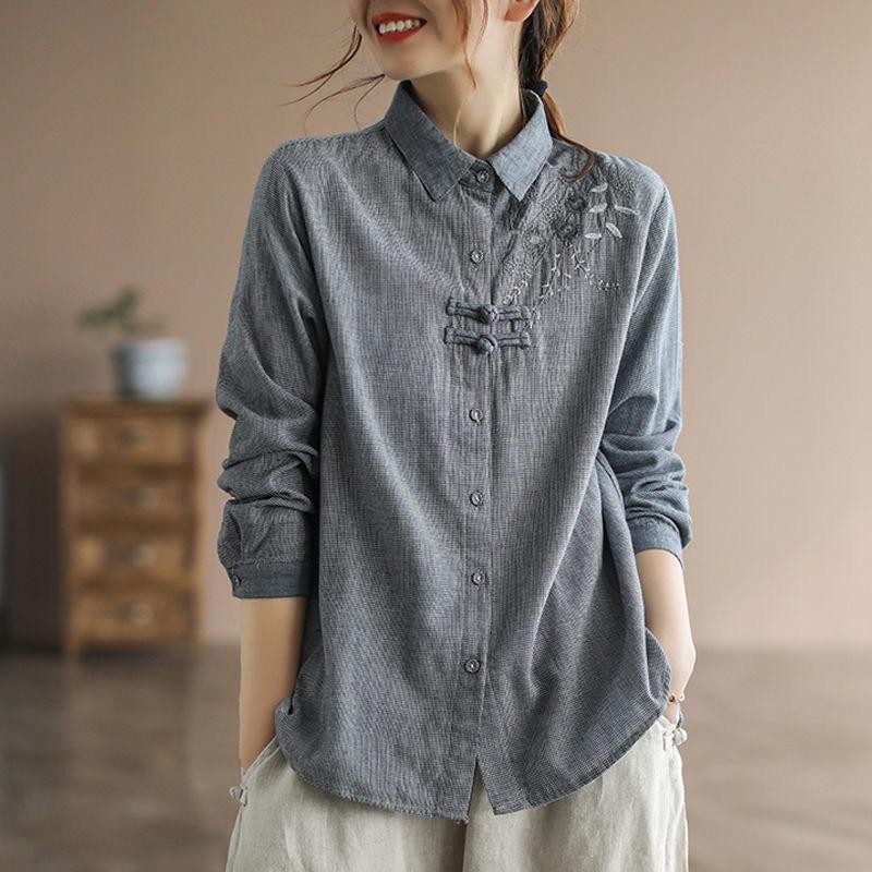Women's Chinese-Style Embroidered Houndstooth Frog Button Top - Retro Ethnic Cotton Linen Shirt for Autumn/Spring 2025.