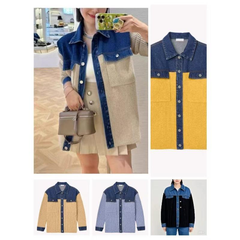 Autumn and winter new knitted cardigan women's retro contrasting denim splicing lapel sweater jacket women