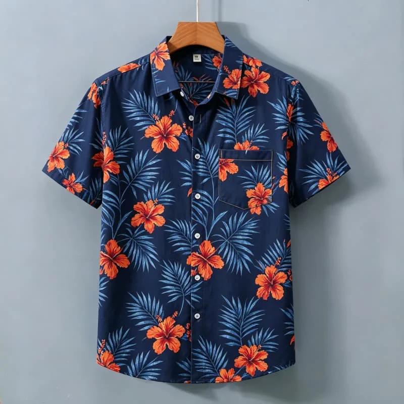 Tropisch geblümtes Kurzarmhemd, Lässige Sommerkleidung im hawaiianischen Stil