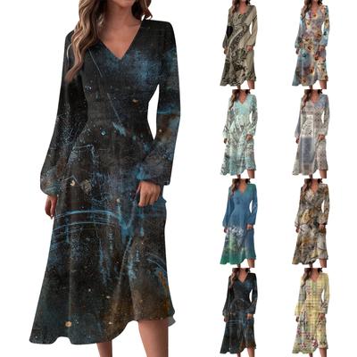 Women's Autumn And Winter Casual Fashion V-neck Long Sleeve  Print Long Dress