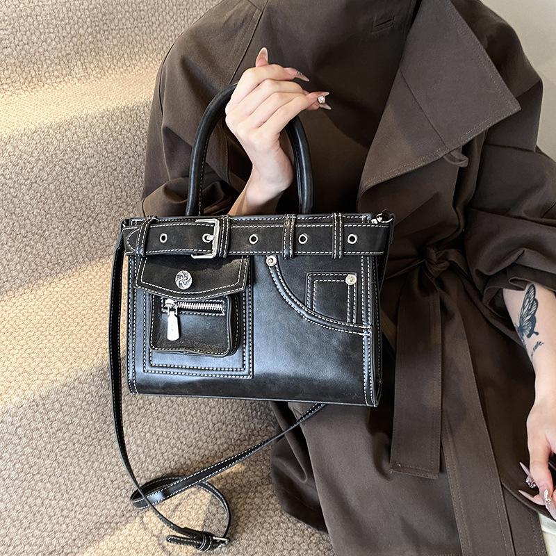 Women's bag 2025 new Korean version fashion sewing thread retro handbag large capacity shoulder messenger tote bag