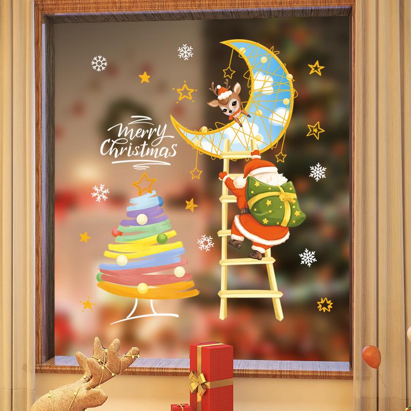 Cartoon Christmas Window Sticker Santa Claus Xmas Tree Double-Sided Glass Sticker Christmas Decoration for Home New Year 2025