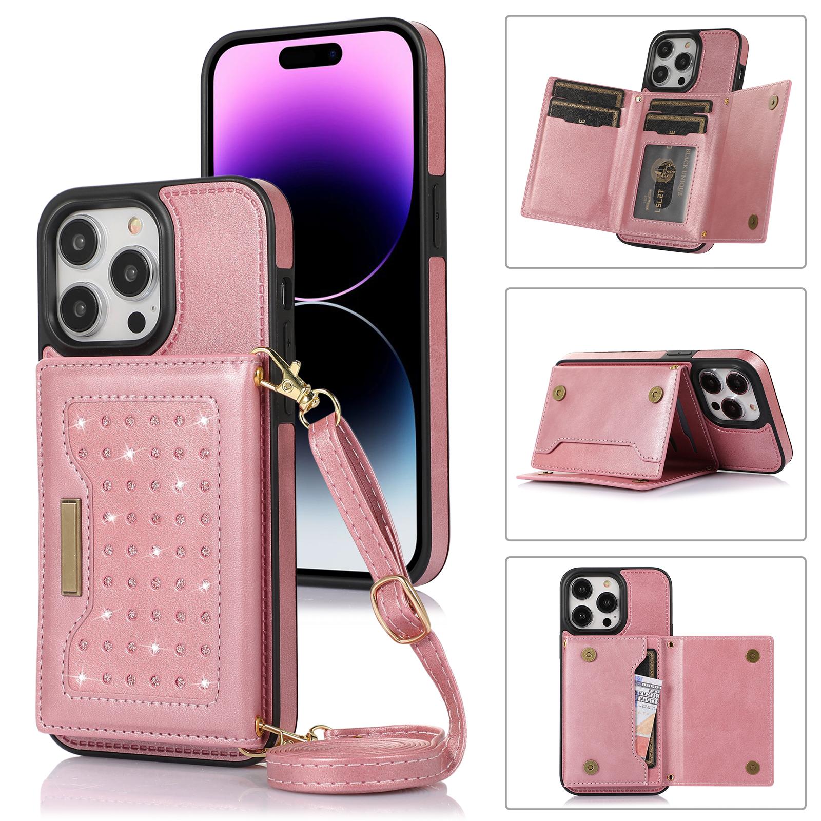

Шкіряний чохол Wallet 3 Fold Flip Anti Theft Brush Crossbody Lanyard Leather Case для iPhone 15 14 Plus 13 12 11 Pro Max/Samsung S23 S22 S21 S20 Ultra Plus A14 A54 iPhone 13 рожевий колір золота