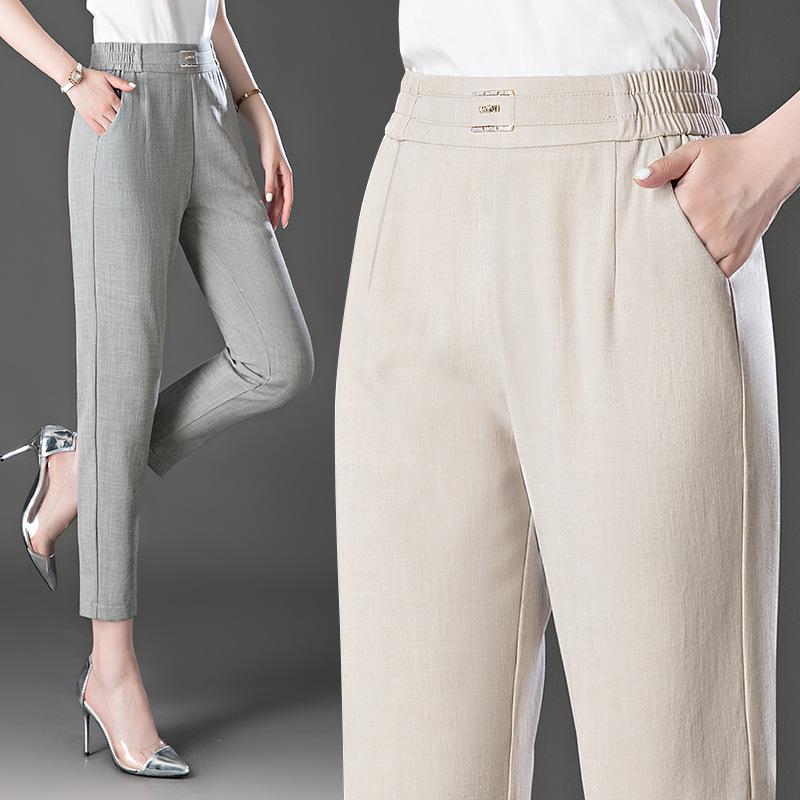 

Summer High Waist Cotton Linen Casual Harem Pants for Women - Plus Size, Slimming, Loose Fit, Nine-Point Length 2XL, Waist 76cm серый
