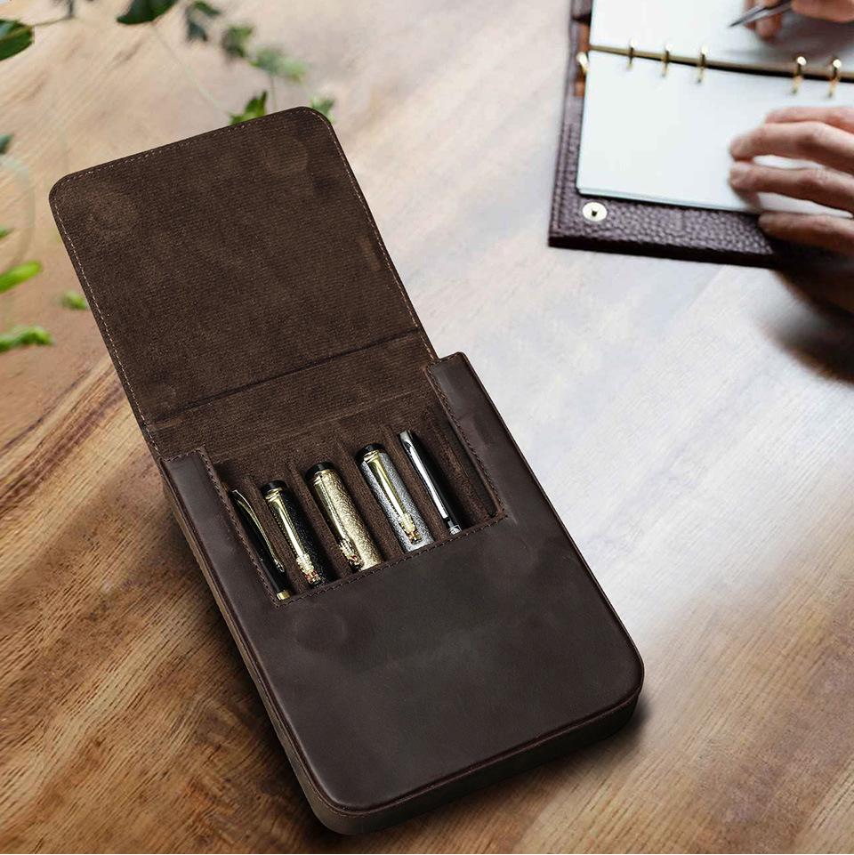 Crazy Horse Leather Handmade 6-Pen Magnetic Drawer-Style Fountain Pen Case