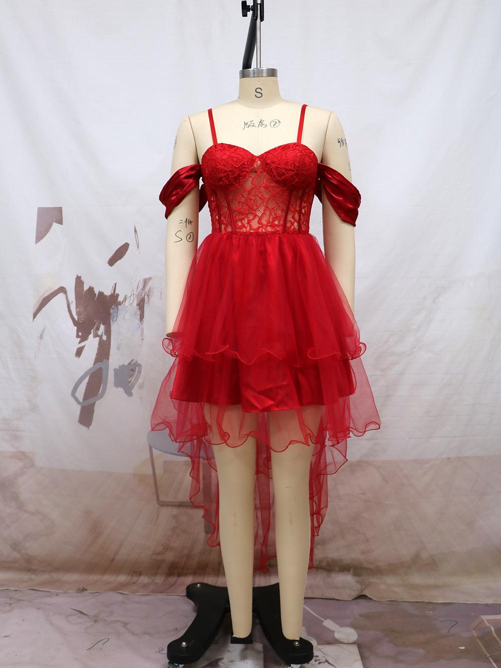 2023 Spring/Summer European and American New Women s Strap Banquet Wedding Dress Bridesmaid Mesh Dress Dress S красный